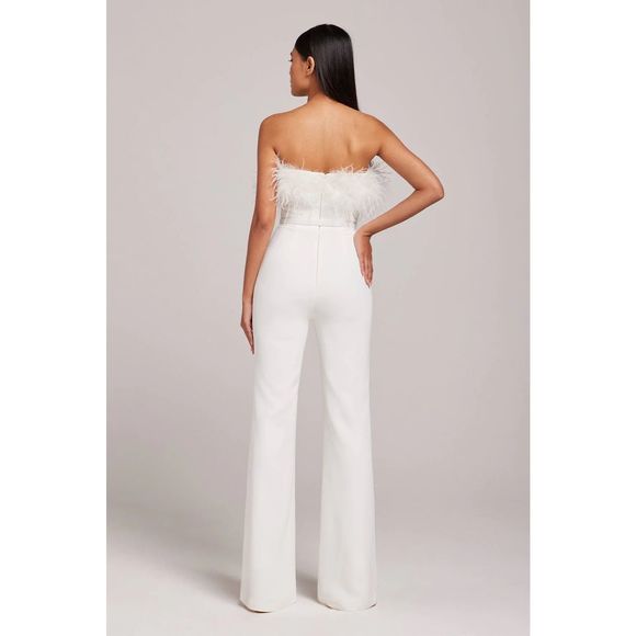 Nadine Merabi Jumpsuit White Colette Strapless Feathers New Size Small 6 - Picture 3 of 15